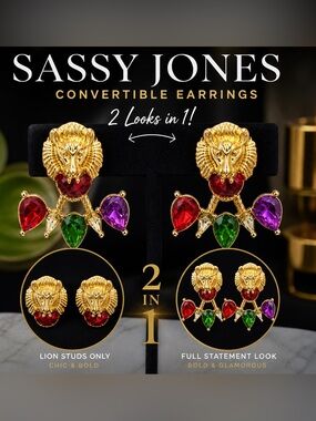 Sassy Jones Gold Lion Convertible Earrings with Red, Green & Purple Stones